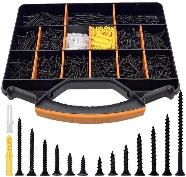 Main image of 1100PCS Wood Screws Assortment Kit, Drywall Screws, Assorted Wood Screws, Black Wood Screws, Contain 100PCS Anchors and 13 Sizes (2-3/4'', 2'', 1-1/2'', 1-1/4'', 1'', 3/4'', 5/8'')