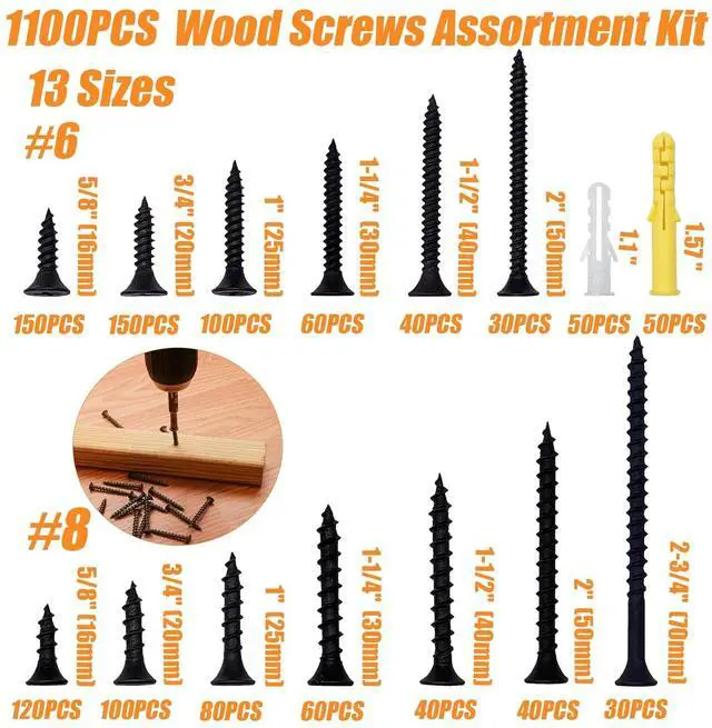 Alt view image 2 of 6 - 1100PCS Wood Screws Assortment Kit, Drywall Screws, Assorted Wood Screws, Black Wood Screws, Contain 100PCS Anchors and 13 Sizes (2-3/4'', 2'', 1-1/2'', 1-1/4'', 1'', 3/4'', 5/8'')