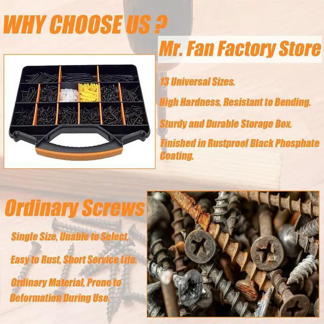 Alt view image 4 of 6 - 1100PCS Wood Screws Assortment Kit, Drywall Screws, Assorted Wood Screws, Black Wood Screws, Contain 100PCS Anchors and 13 Sizes (2-3/4'', 2'', 1-1/2'', 1-1/4'', 1'', 3/4'', 5/8'')