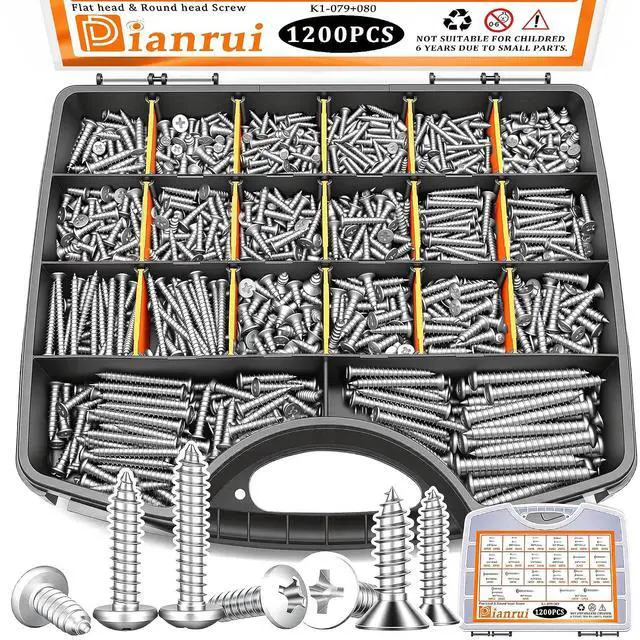 Main image of 1200 PCS Wood Screws Assortment Kit, Assorted 304 Stainless Steel Screws M3/M4/M5/M6, Phillips Drive Sheet Metal Self Tapping Screw Set Marine Grade (Pan & Flat Head Screw) Length 1/4" to 2"