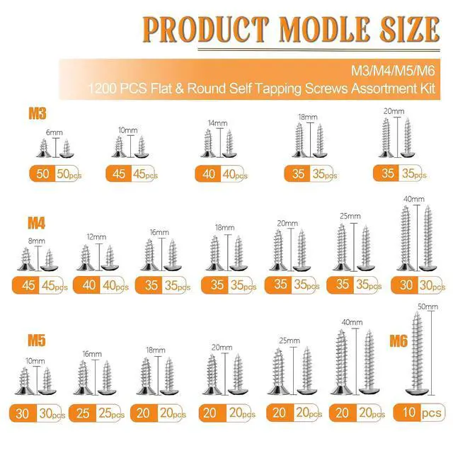 Alt view image 3 of 6 - 1200 PCS Wood Screws Assortment Kit, Assorted 304 Stainless Steel Screws M3/M4/M5/M6, Phillips Drive Sheet Metal Self Tapping Screw Set Marine Grade (Pan & Flat Head Screw) Length 1/4" to 2"