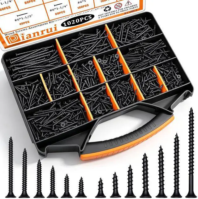 Main image of 1020 PCS High Hardness Wood Screws Assortment Kit, #6#8 Drywall Screws, Assorted Black Wood Screws, Phillips Flat Head Screw Set-13 Sizes (5/8",3/4",1",1-1/4",1-1/2",2",2-3/4")