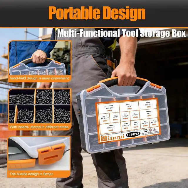 Alt view image 2 of 7 - 1020 PCS High Hardness Wood Screws Assortment Kit, #6#8 Drywall Screws, Assorted Black Wood Screws, Phillips Flat Head Screw Set-13 Sizes (5/8",3/4",1",1-1/4",1-1/2",2",2-3/4")