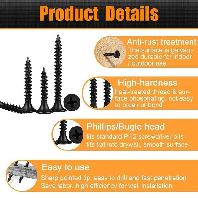 Alt view image 4 of 7 - 1020 PCS High Hardness Wood Screws Assortment Kit, #6#8 Drywall Screws, Assorted Black Wood Screws, Phillips Flat Head Screw Set-13 Sizes (5/8",3/4",1",1-1/4",1-1/2",2",2-3/4")