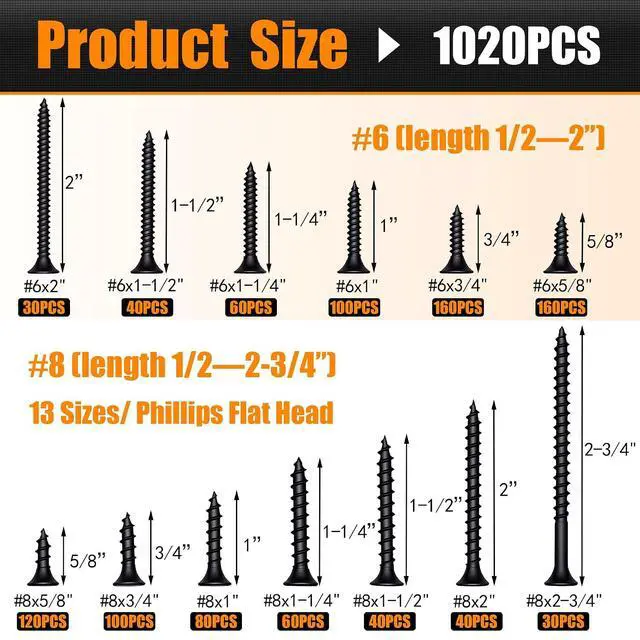 Alt view image 3 of 7 - 1020 PCS High Hardness Wood Screws Assortment Kit, #6#8 Drywall Screws, Assorted Black Wood Screws, Phillips Flat Head Screw Set-13 Sizes (5/8",3/4",1",1-1/4",1-1/2",2",2-3/4")