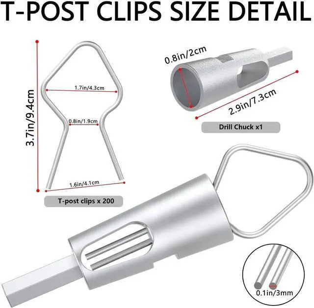 Alt view image 2 of 7 - 200 Pcs T Post Clips Kit, Metal Wire Fence Clip & 1 Drill Chuck, Galvanized Steel Tie Preformed T-Post Fence Clips 11 Gauge Fence Ties Fast Installation Farm Garden&Livestock Fencing T/U-Posts(Silver)