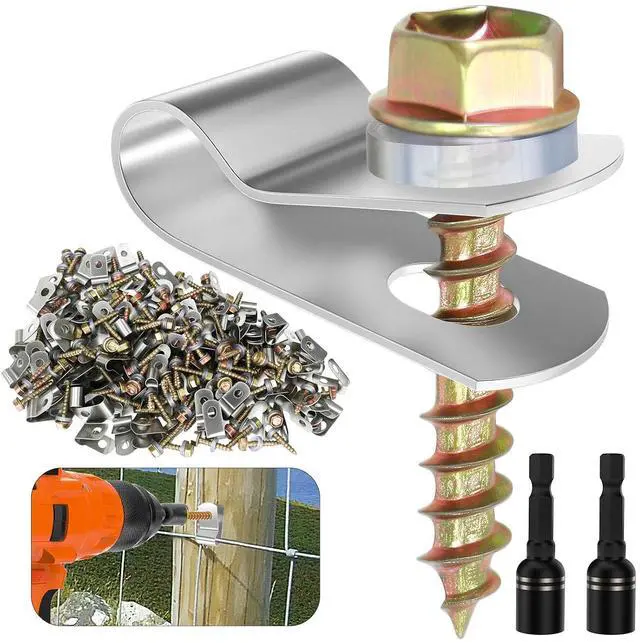 Main image of 400 PCS T304 Stainless Steel Wire Fence Clips, Fasteners Post Screw with Wire Fixer, Agricultural Fencing Fence Wire Clamps for 4, 6, 8,10 and 12-16Gauge Wire Fencing Livestock Fencing Clips for Wood