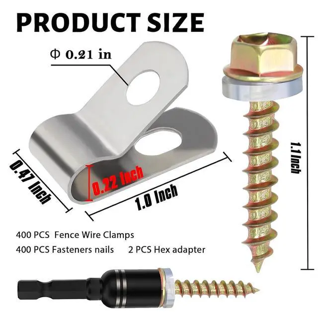 Alt view image 2 of 7 - 400 PCS T304 Stainless Steel Wire Fence Clips, Fasteners Post Screw with Wire Fixer, Agricultural Fencing Fence Wire Clamps for 4, 6, 8,10 and 12-16Gauge Wire Fencing Livestock Fencing Clips for Wood