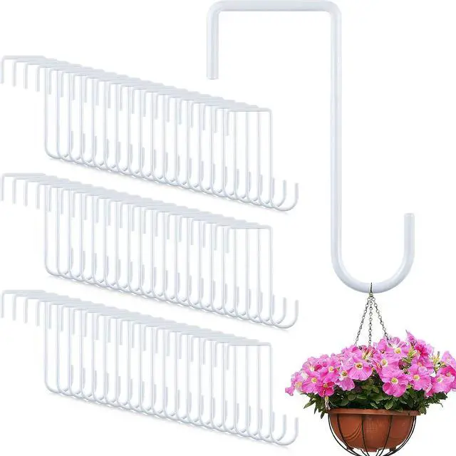 Main image of 60 Pcs White Vinyl Fence Hooks 2 x 6 Inch Patio Hangers Hanging Powder Coated Steel Fence Hooks Lattice Shepherds Hook Stick Plant Baskets for Indoor Outdoor Lights Bird Feeder Pool Equipment