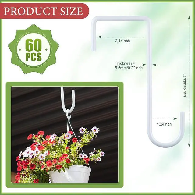 Alt view image 2 of 7 - 60 Pcs White Vinyl Fence Hooks 2 x 6 Inch Patio Hangers Hanging Powder Coated Steel Fence Hooks Lattice Shepherds Hook Stick Plant Baskets for Indoor Outdoor Lights Bird Feeder Pool Equipment