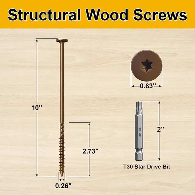 Alt view image 4 of 7 - Wood Screws #14 x 10 Inch, 54Pcs Structural Deck Screws with Upgraded Thread, Heavy Duty Construction Lag Screws, Rust Resistant Outdoor Exterior Wood Long Screw, Torx Drive, T30 Star Bit Included