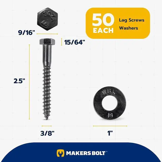 Alt view image 2 of 7 - 3/8 x 2-1/2 (50 Pack) Lag Screw Kit, 50 Screws and 50 Washers, Ceramic Black Ruspert Coating for Exterior Use, Meets ASTM A307 and ASME B18.2.1, Industrial/Commerical Grade by