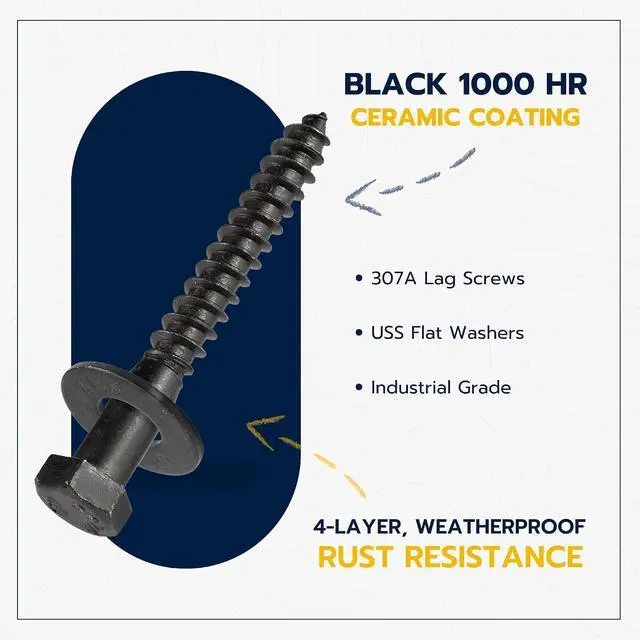 Alt view image 3 of 7 - 3/8 x 2-1/2 (50 Pack) Lag Screw Kit, 50 Screws and 50 Washers, Ceramic Black Ruspert Coating for Exterior Use, Meets ASTM A307 and ASME B18.2.1, Industrial/Commerical Grade by
