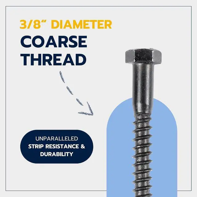 Alt view image 5 of 7 - 3/8 x 2-1/2 (50 Pack) Lag Screw Kit, 50 Screws and 50 Washers, Ceramic Black Ruspert Coating for Exterior Use, Meets ASTM A307 and ASME B18.2.1, Industrial/Commerical Grade by