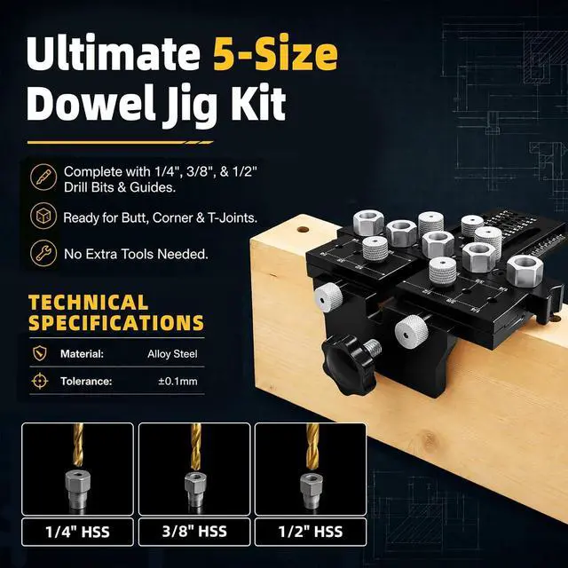 Alt view image 3 of 7 - 5-Hole Alloy Steel Dowel Jig for Cabinet and Furniture Alignment | Repeatable Drilling, Fewer Repositioning Steps, for Long Boards, Face Frames and Tabletop Glue-Ups