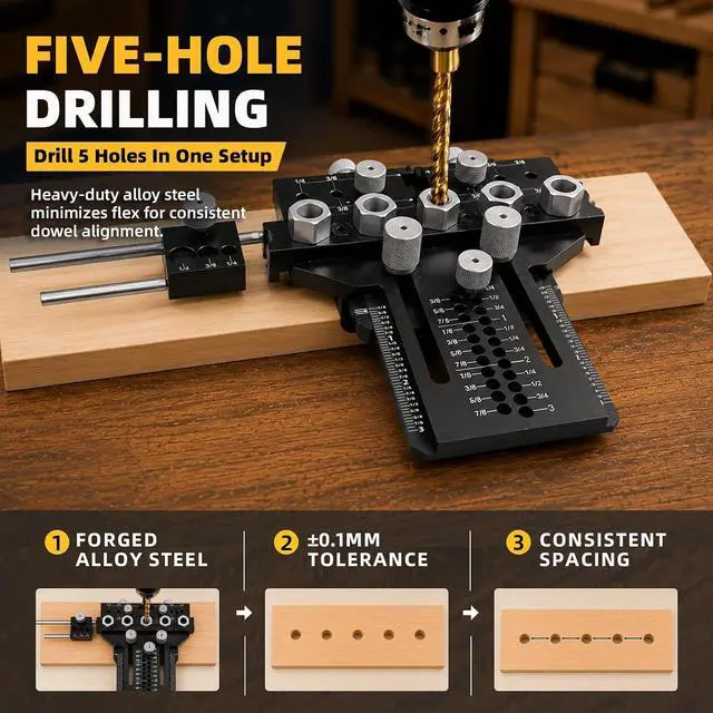 Alt view image 4 of 7 - 5-Hole Alloy Steel Dowel Jig for Cabinet and Furniture Alignment | Repeatable Drilling, Fewer Repositioning Steps, for Long Boards, Face Frames and Tabletop Glue-Ups