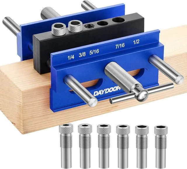 Main image of 6.7" Self Centering Dowel Jig, Wide Capacity Doweling Jig & Drill Guide for Woodworking, Complete Kit with 6 Steel Bushings for Straight Holes(Blue)