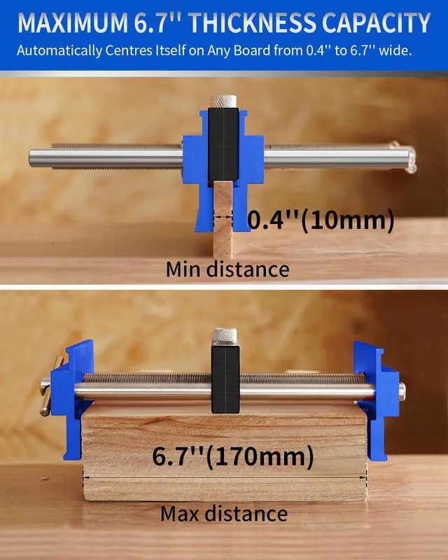 Alt view image 3 of 7 - 6.7" Self Centering Dowel Jig, Wide Capacity Doweling Jig & Drill Guide for Woodworking, Complete Kit with 6 Steel Bushings for Straight Holes(Blue)