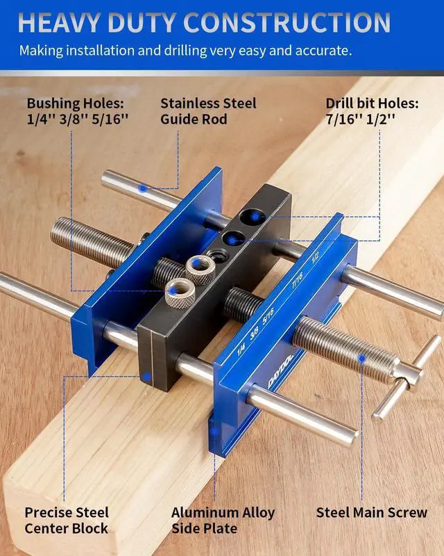 Alt view image 4 of 7 - 6.7" Self Centering Dowel Jig, Wide Capacity Doweling Jig & Drill Guide for Woodworking, Complete Kit with 6 Steel Bushings for Straight Holes(Blue)