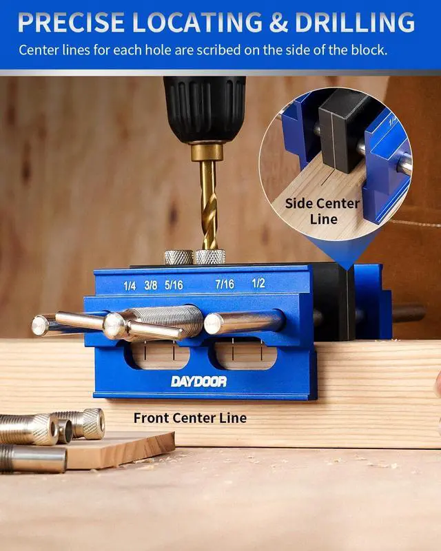 Alt view image 5 of 7 - 6.7" Self Centering Dowel Jig, Wide Capacity Doweling Jig & Drill Guide for Woodworking, Complete Kit with 6 Steel Bushings for Straight Holes(Blue)