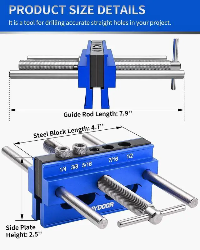 Alt view image 6 of 7 - 6.7" Self Centering Dowel Jig, Wide Capacity Doweling Jig & Drill Guide for Woodworking, Complete Kit with 6 Steel Bushings for Straight Holes(Blue)
