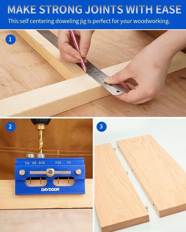 Alt view image 7 of 7 - 6.7" Self Centering Dowel Jig, Wide Capacity Doweling Jig & Drill Guide for Woodworking, Complete Kit with 6 Steel Bushings for Straight Holes(Blue)