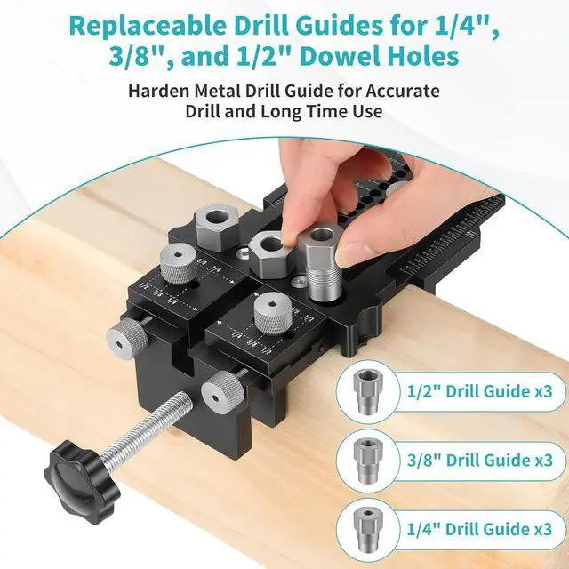 Alt view image 2 of 7 - Dowel Jig Kit for Perfect Wood Joints, Self Centering Doweling Jig with 1/4 3/8 1/2 Drill Bushings & Bits, Woodworking Hole Drilling Guide for Cabinet Furniture DIY