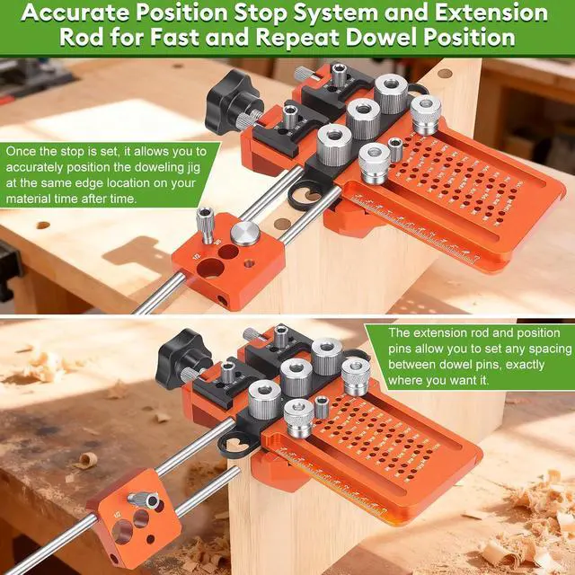 Alt view image 2 of 7 - Adjustable Dowel Jig Kit, Drill Guide with Quick Positive Stop & Clamp Fits 1/4, 3/8, 1/2 Inch Dowel Holes, Dowel Jig for Woodworking Fit All Kinds Wood Dowel Joints, for Cabinet, Furniture