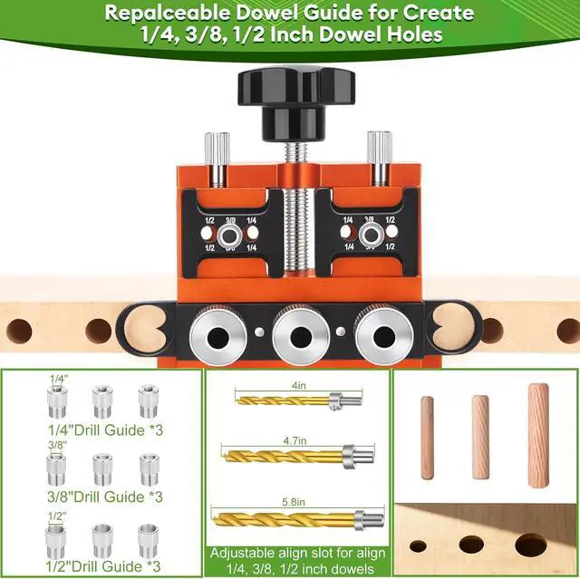 Alt view image 3 of 7 - Adjustable Dowel Jig Kit, Drill Guide with Quick Positive Stop & Clamp Fits 1/4, 3/8, 1/2 Inch Dowel Holes, Dowel Jig for Woodworking Fit All Kinds Wood Dowel Joints, for Cabinet, Furniture