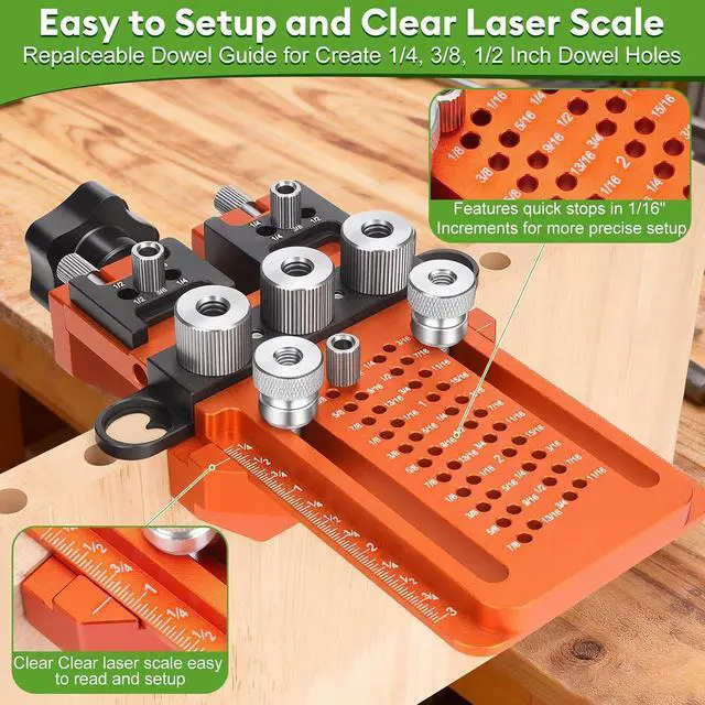 Alt view image 4 of 7 - Adjustable Dowel Jig Kit, Drill Guide with Quick Positive Stop & Clamp Fits 1/4, 3/8, 1/2 Inch Dowel Holes, Dowel Jig for Woodworking Fit All Kinds Wood Dowel Joints, for Cabinet, Furniture