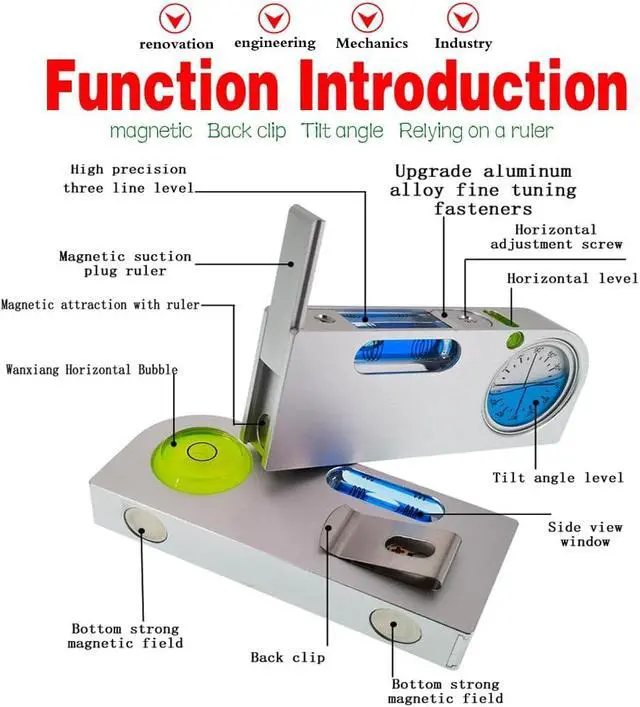 Alt view image 2 of 7 - Solid aluminum alloy small level ruler tilt angle measurement portable mini adjustable horizontal bubble magnetic universal bubble (blueblue)