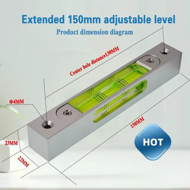 Alt view image 2 of 6 - High precision aluminum alloy metal adjustable level bubble small square bar luminous magnetic length 150 hole pitch 130MM