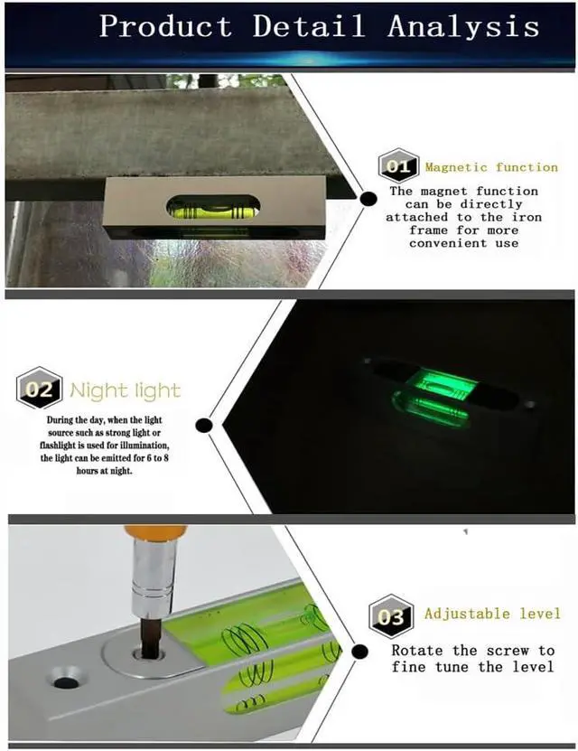 Alt view image 5 of 6 - High precision aluminum alloy metal adjustable level bubble small square bar luminous magnetic length 150 hole pitch 130MM