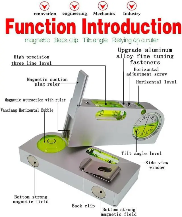 Alt view image 4 of 7 - Solid aluminum alloy small level ruler tilt angle measurement portable mini adjustable horizontal bubble magnetic function universal bubble (120 * 50 * 20mm)
