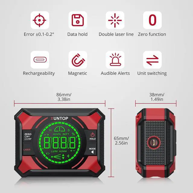 Alt view image 2 of 7 - 4x90/2x180°(0.01°) Digital Angle Finder with Dual Laser Digital Angle Gauge with Bottom and Back Magnetic Rechargeable Inclinometer with Digital Level Bubble (Class 2 Laser, <1mW Power Output)