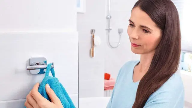 Alt view image 2 of 3 - ELEGAANT Double Robe Hook - Self-Adhesive Bathrobe Hook in Stainless-Steel Design - Wall-Mounted Dressing Gown Holder - Waterproof, incl. Power.Kit Adhesive Solution - 50mm x 80mm x 43mm