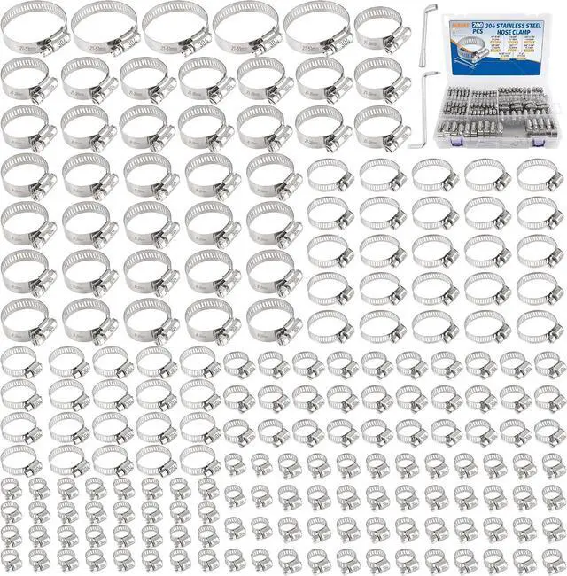 Main image of 200 PCS Hose Clamp Assortment Kit 304 Stainless Steel Hose Clamps Adjustable 1/4"-2"(6-51mm) Worm Gear Clamps for Fuel Line, Plumbing, Automotive, Pipe, Radiator, Garden