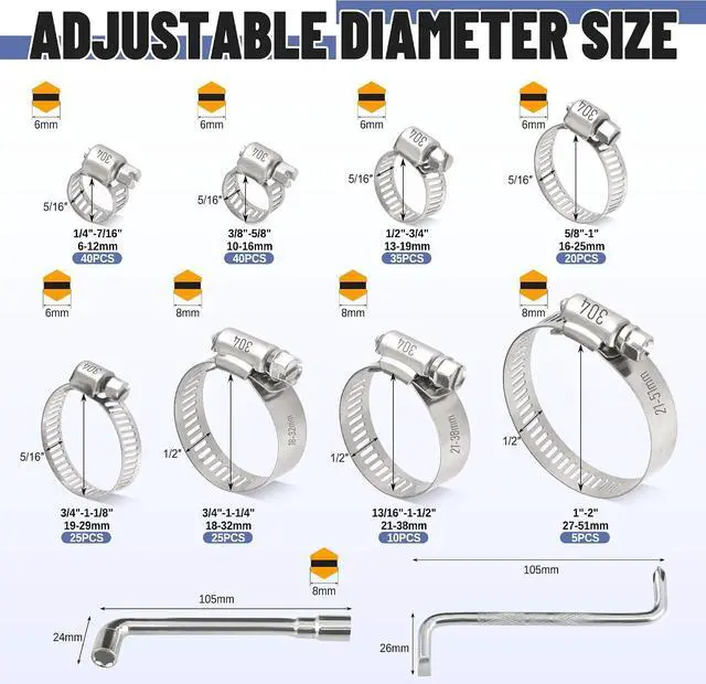 Alt view image 2 of 6 - 200 PCS Hose Clamp Assortment Kit 304 Stainless Steel Hose Clamps Adjustable 1/4"-2"(6-51mm) Worm Gear Clamps for Fuel Line, Plumbing, Automotive, Pipe, Radiator, Garden