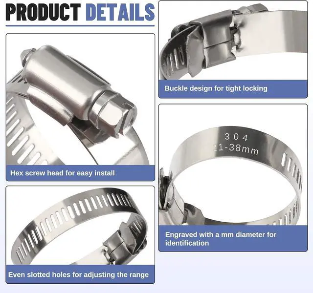 Alt view image 5 of 6 - 200 PCS Hose Clamp Assortment Kit 304 Stainless Steel Hose Clamps Adjustable 1/4"-2"(6-51mm) Worm Gear Clamps for Fuel Line, Plumbing, Automotive, Pipe, Radiator, Garden