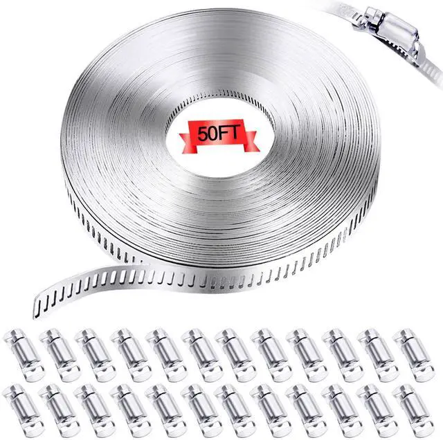 Main image of 304 Stainless Steel Hose Clamp Assortment Kit,DIY 50FT Metal Strap + 24 Stronger Fasteners,Adjustable Worm Gear Hose Clamps Screw Clamps for Pipe,Tube,Duct and Fuel Line