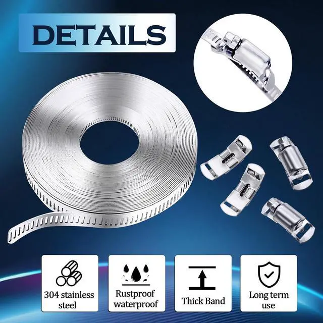 Alt view image 5 of 6 - 304 Stainless Steel Hose Clamp Assortment Kit,DIY 50FT Metal Strap + 24 Stronger Fasteners,Adjustable Worm Gear Hose Clamps Screw Clamps for Pipe,Tube,Duct and Fuel Line