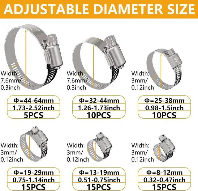 Alt view image 5 of 6 - 70 Pack Stainless Steel Hose Clamp Adjustable Assortment Kit, 8-64mm Worm Gear Drive Hose Clamps Metal Fuel Line Pipe Clamps for Plumbing, Tube, Mechanical, Automotive, Garden and Home Applications