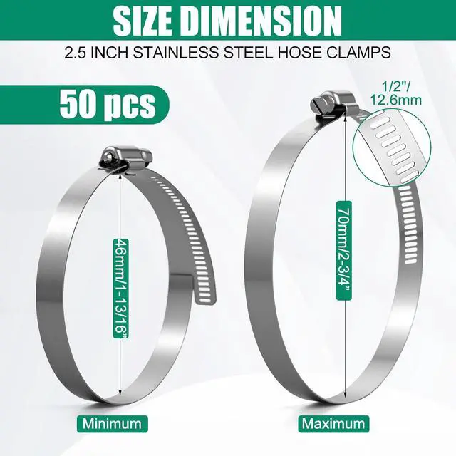Alt view image 2 of 7 - 50 Pack 2.5 Inch Stainless Steel Hose Clamps Adjustable 1-13/16" to 2-3/4" 46-70 mm Worm Gear Clamps Duct Clamp for Automotive Fuel Line Air Duct Dryer Vent Plumbing Industrial Use