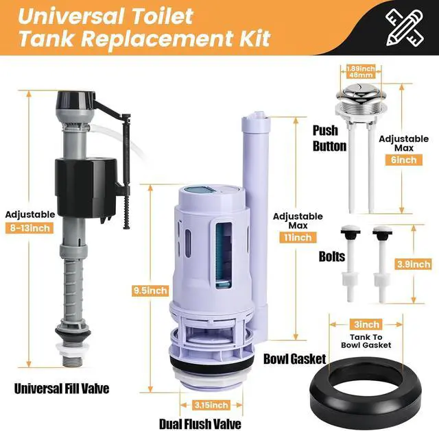 Alt view image 7 of 7 - 3-Inch Dual Flush Valve Replacement Kit for 2-Piece Toilets, Universal Toilet Repair Kit with Push Button, Fill Valve, Gasket & Bolts,Compatible with Glacier Bay, Kohler, American Standard, and Toto