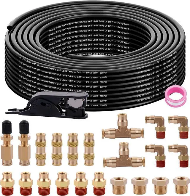 Main image of 100FT 1/4 Air Hose Brass Fittings Kit 22pcs 1/4" OD Quick Push to Connect DOT Brass Fittings 1/4 SAE J844 PA12 Nylon Air Line Tubing with Cutter for Air Suspension Kit Trailer Brake System