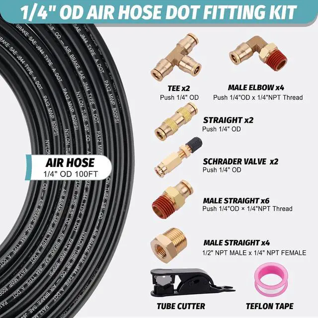 Alt view image 2 of 7 - 100FT 1/4 Air Hose Brass Fittings Kit 22pcs 1/4" OD Quick Push to Connect DOT Brass Fittings 1/4 SAE J844 PA12 Nylon Air Line Tubing with Cutter for Air Suspension Kit Trailer Brake System