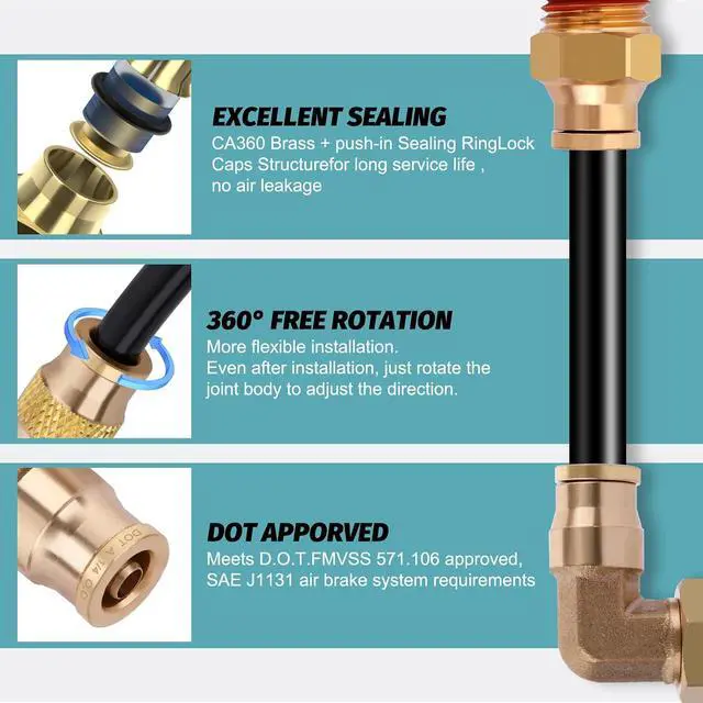 Alt view image 5 of 7 - 100FT 1/4 Air Hose Brass Fittings Kit 22pcs 1/4" OD Quick Push to Connect DOT Brass Fittings 1/4 SAE J844 PA12 Nylon Air Line Tubing with Cutter for Air Suspension Kit Trailer Brake System