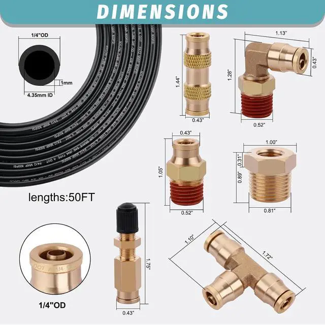 Alt view image 7 of 7 - 100FT 1/4 Air Hose Brass Fittings Kit 22pcs 1/4" OD Quick Push to Connect DOT Brass Fittings 1/4 SAE J844 PA12 Nylon Air Line Tubing with Cutter for Air Suspension Kit Trailer Brake System