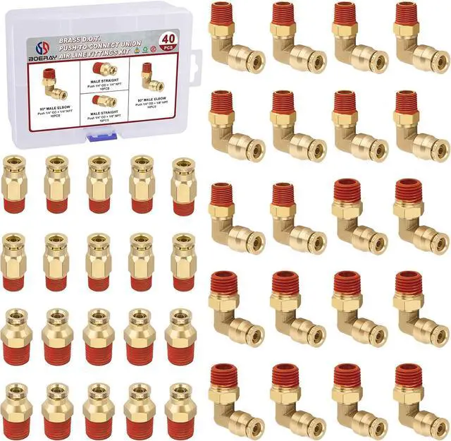 Main image of 1/4 Quick Push to Connect Fittings Brass Male Straight and Elbow Combination DOT Approved 1/4 Tube OD to 1/4 and 1/8 NPT DOT Air Line Fittings Kit Air Suspension Kit Air Hose Repair Kit 40pcs