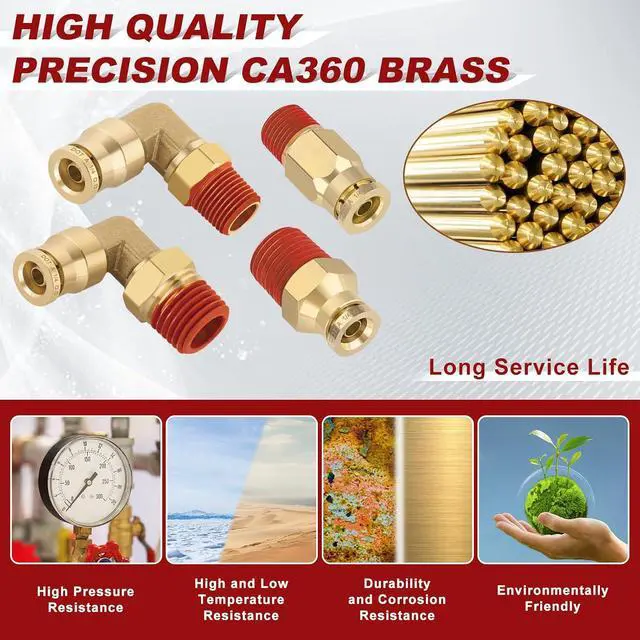 Alt view image 2 of 6 - 1/4 Quick Push to Connect Fittings Brass Male Straight and Elbow Combination DOT Approved 1/4 Tube OD to 1/4 and 1/8 NPT DOT Air Line Fittings Kit Air Suspension Kit Air Hose Repair Kit 40pcs